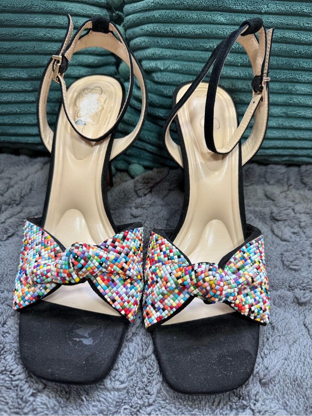 Jessica Simpson”Ohela” Colorful Beaded Dress Sandals - Black w/ankle strap (9.5)